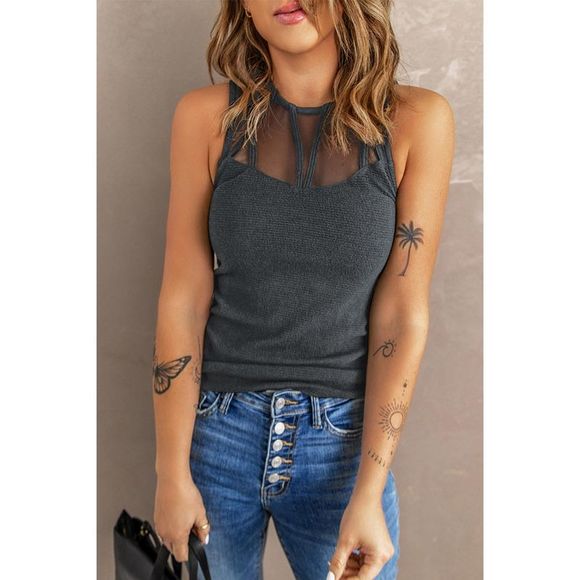 Azura Exchange  Gray Strappy Mesh Splicing Ribbed Tank Top - Picture 4 of 14